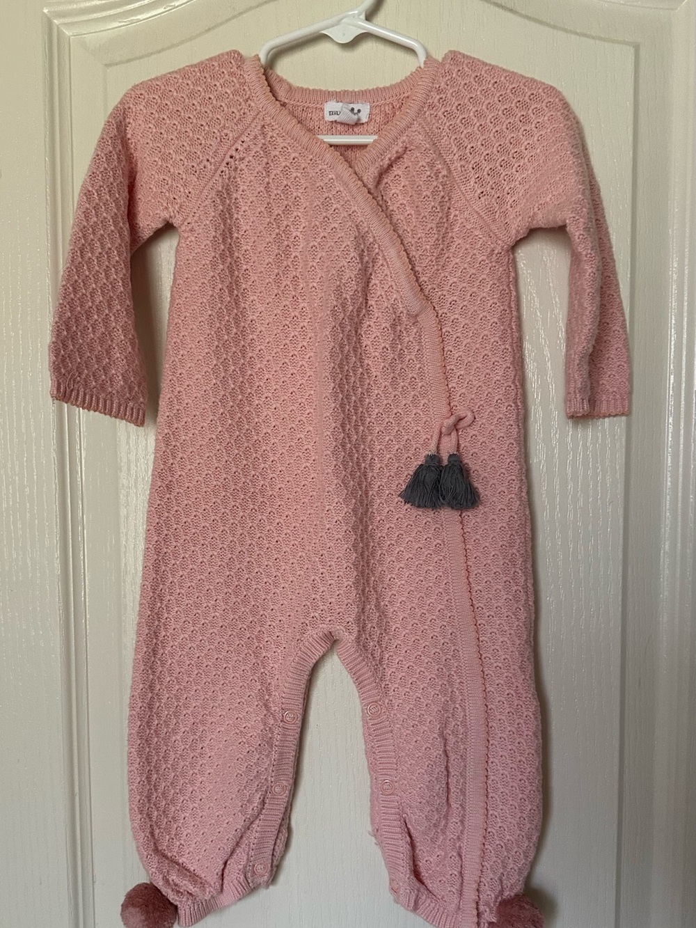 Mud Pie Baby Girl Pink Knit Romper 9–12 Months Pom Pom Tassel